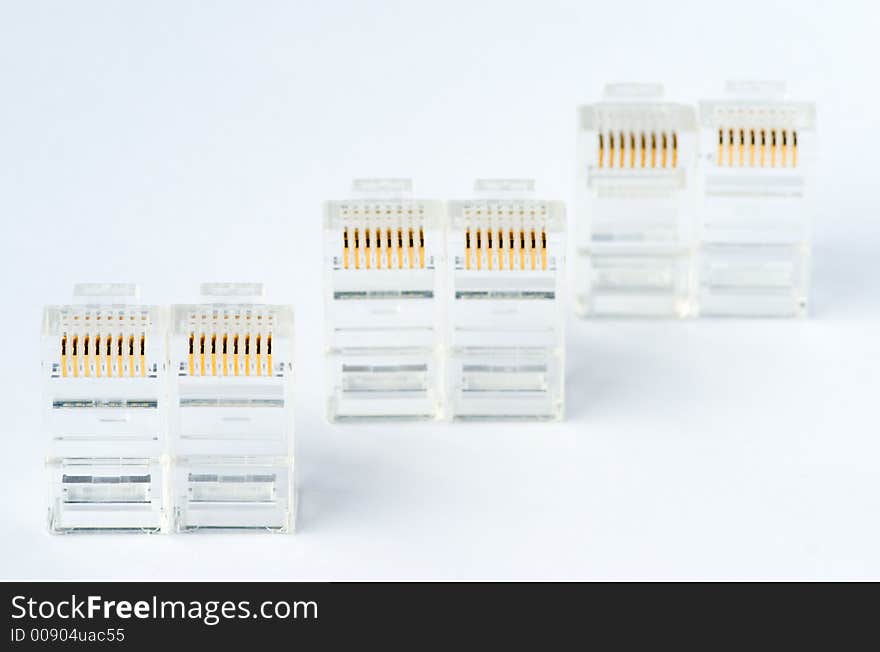 Six network connectors on a white background