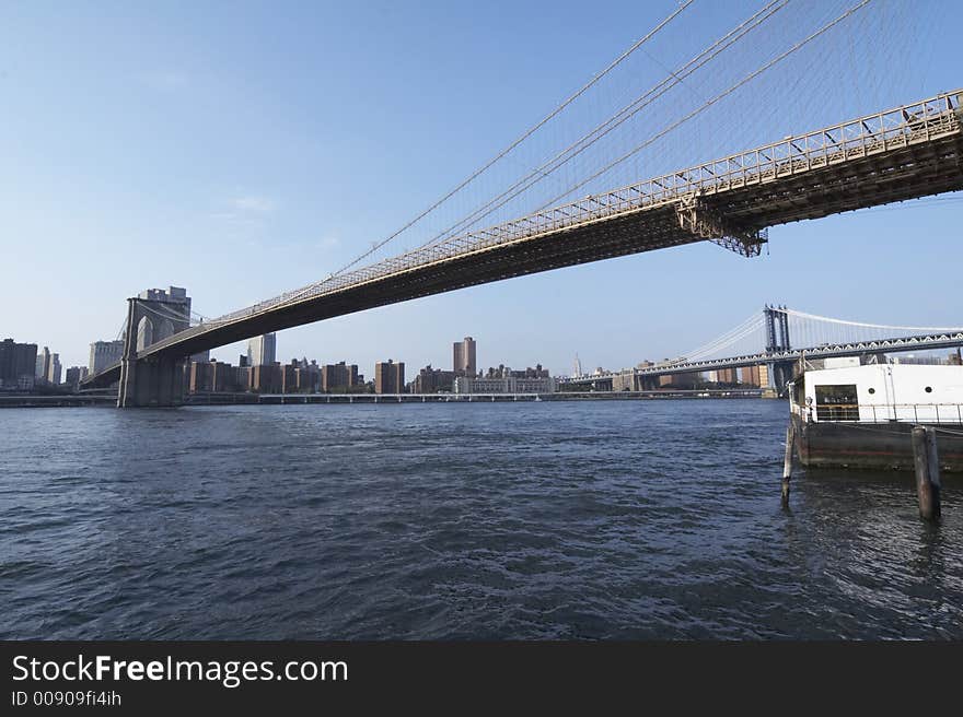 Details of Brooklyn Bridge in the late evening. Details of Brooklyn Bridge in the late evening