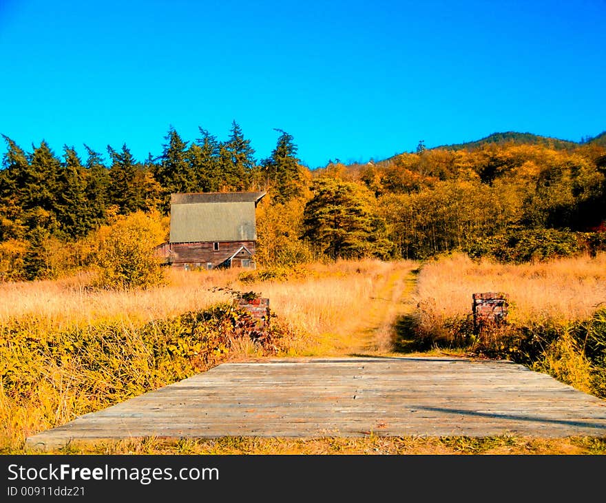 Wooden Bridge and Barn