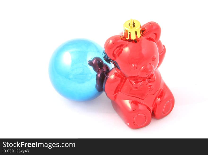 Christmas red bear and blue ball ornament. Christmas red bear and blue ball ornament