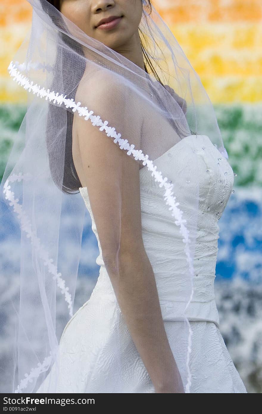 An asian wedding bride posing in the park.