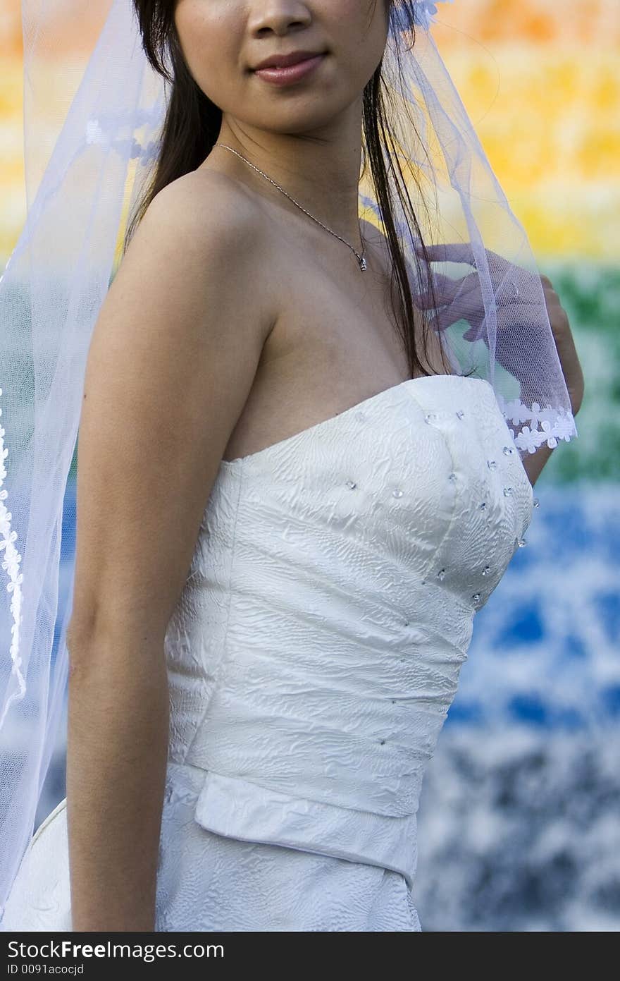 An asian wedding bride posing in the park.