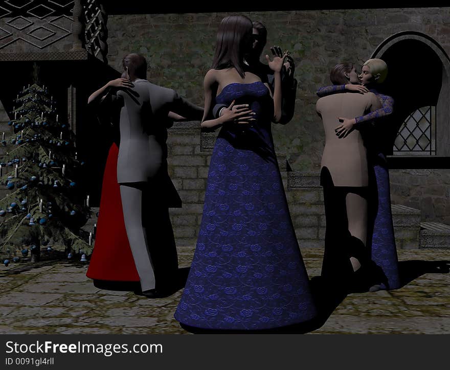 3 couples dancing on a moonlit patio. 3D models, computer generated. 3 couples dancing on a moonlit patio. 3D models, computer generated.