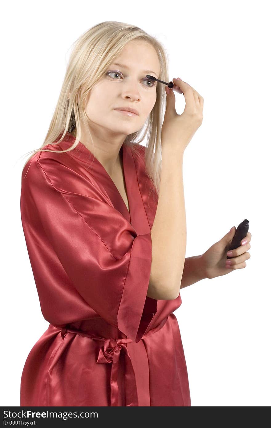 Young Woman Dressed Red Bathrobe Putting Mascara