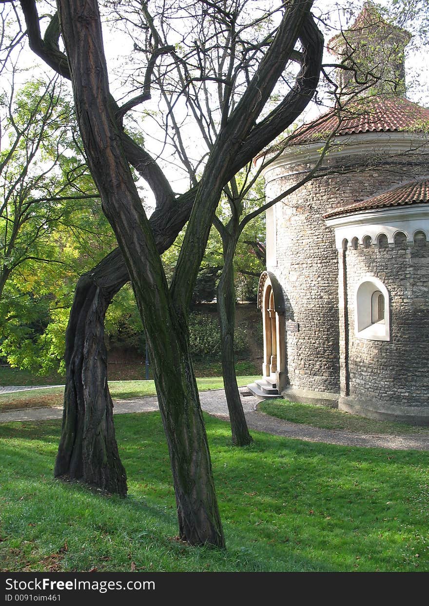 An old rotunda and trees in Prague