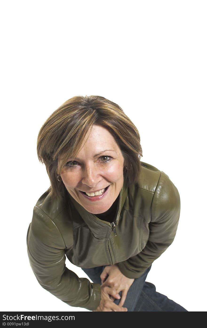 Woman with green jacket over white background. Woman with green jacket over white background