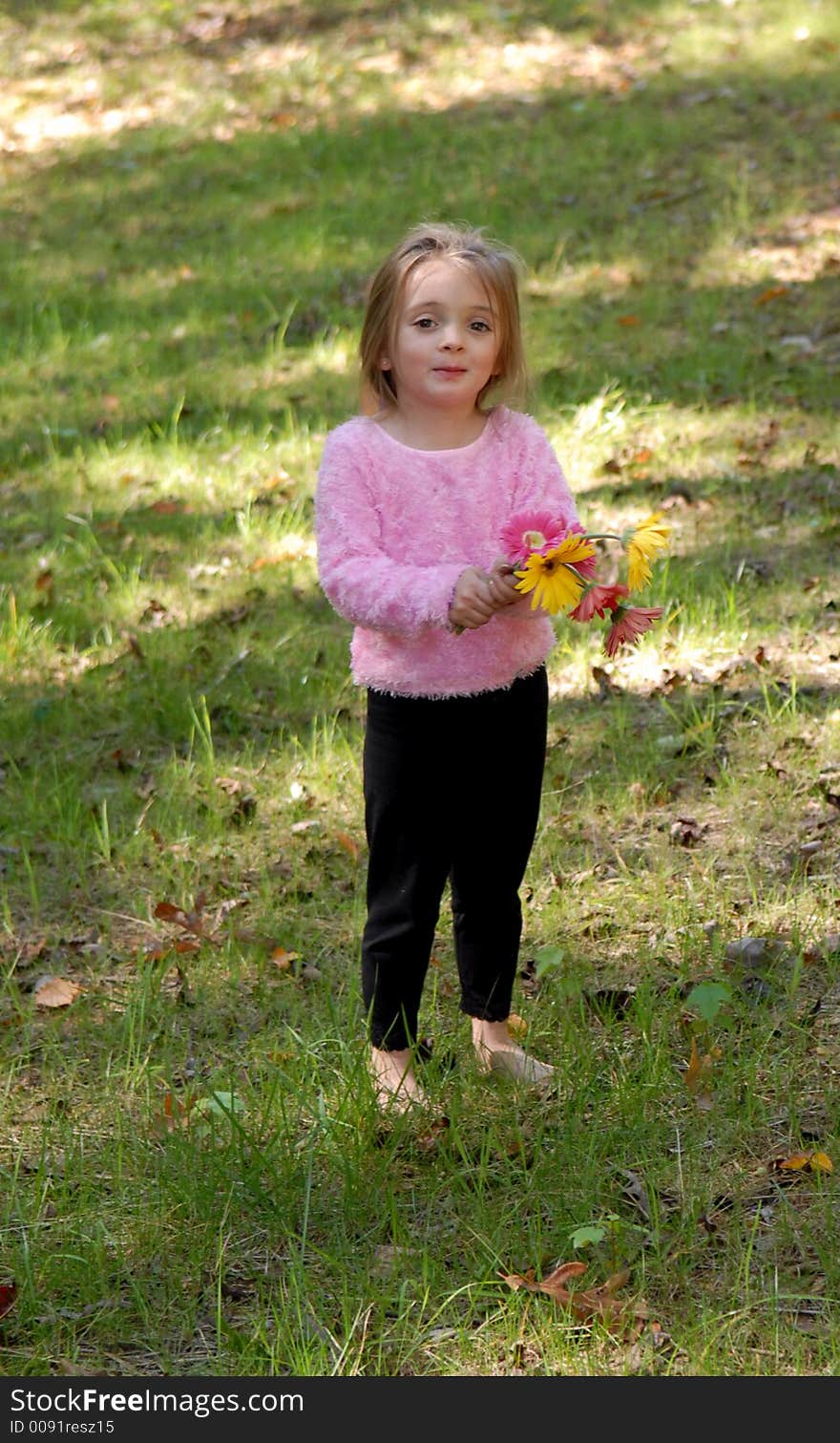 A little girl standing by a tree barefoot holding a bouquet of daisies she just picked from the garden. A little girl standing by a tree barefoot holding a bouquet of daisies she just picked from the garden.