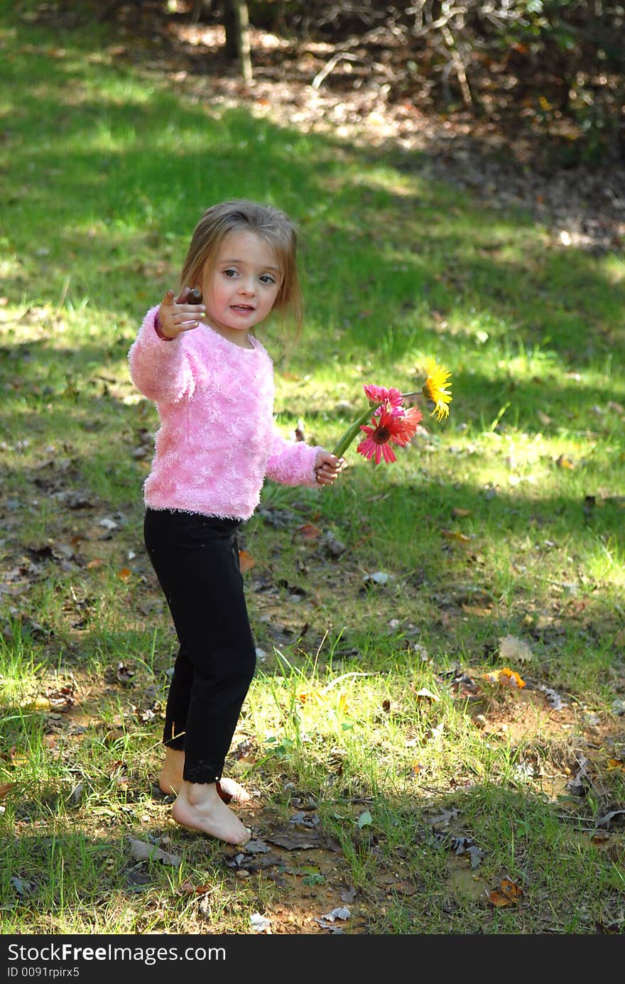 A little girl  holding a bouquet of daisies in one hand and a walnut in the other. A little girl  holding a bouquet of daisies in one hand and a walnut in the other