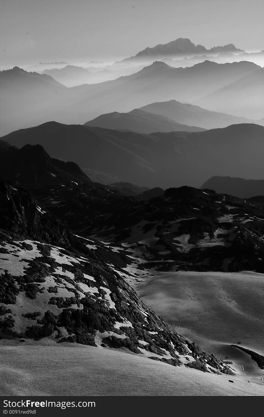 Mountains range in the morning. Mont Blanc seen from saint sorlin glacier.