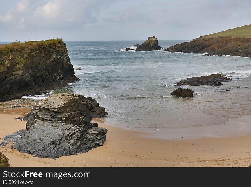 Remote sand and rocky cove in north Cornwall