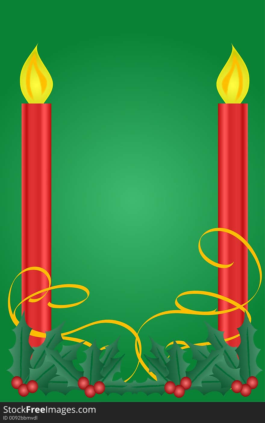 Two festive red holiday candles and holly frame a green background.Illustration.