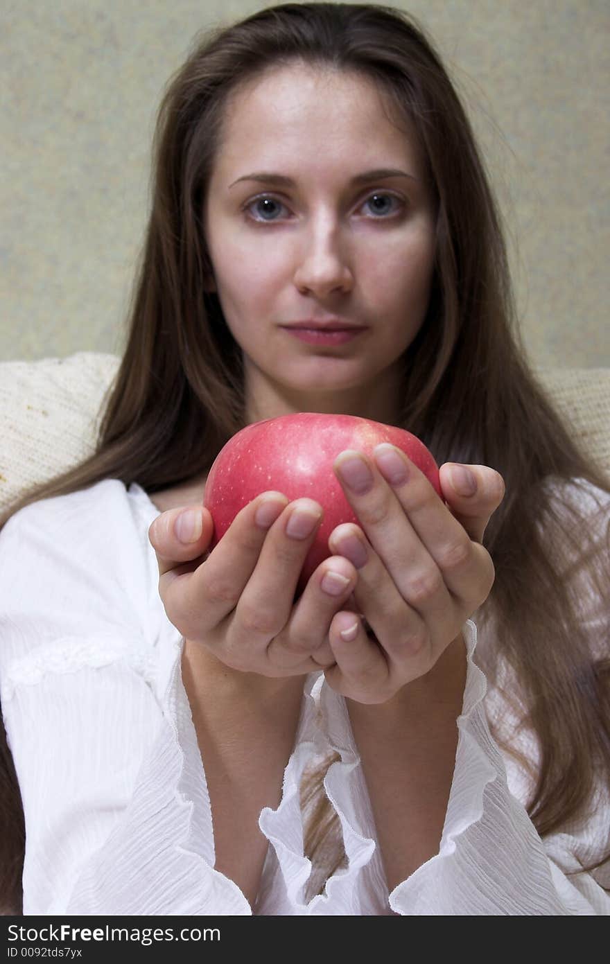 Pretty smiling woman with red apple. Portrait. Pretty smiling woman with red apple. Portrait.