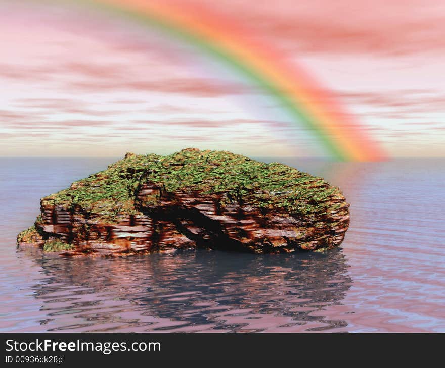 A digitally created image of a beautiful rock in the ocean with a rainbow in the background. A digitally created image of a beautiful rock in the ocean with a rainbow in the background