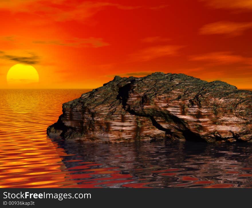 A digitally created image of a beautiful rock in the ocean with a sunset in the background. A digitally created image of a beautiful rock in the ocean with a sunset in the background