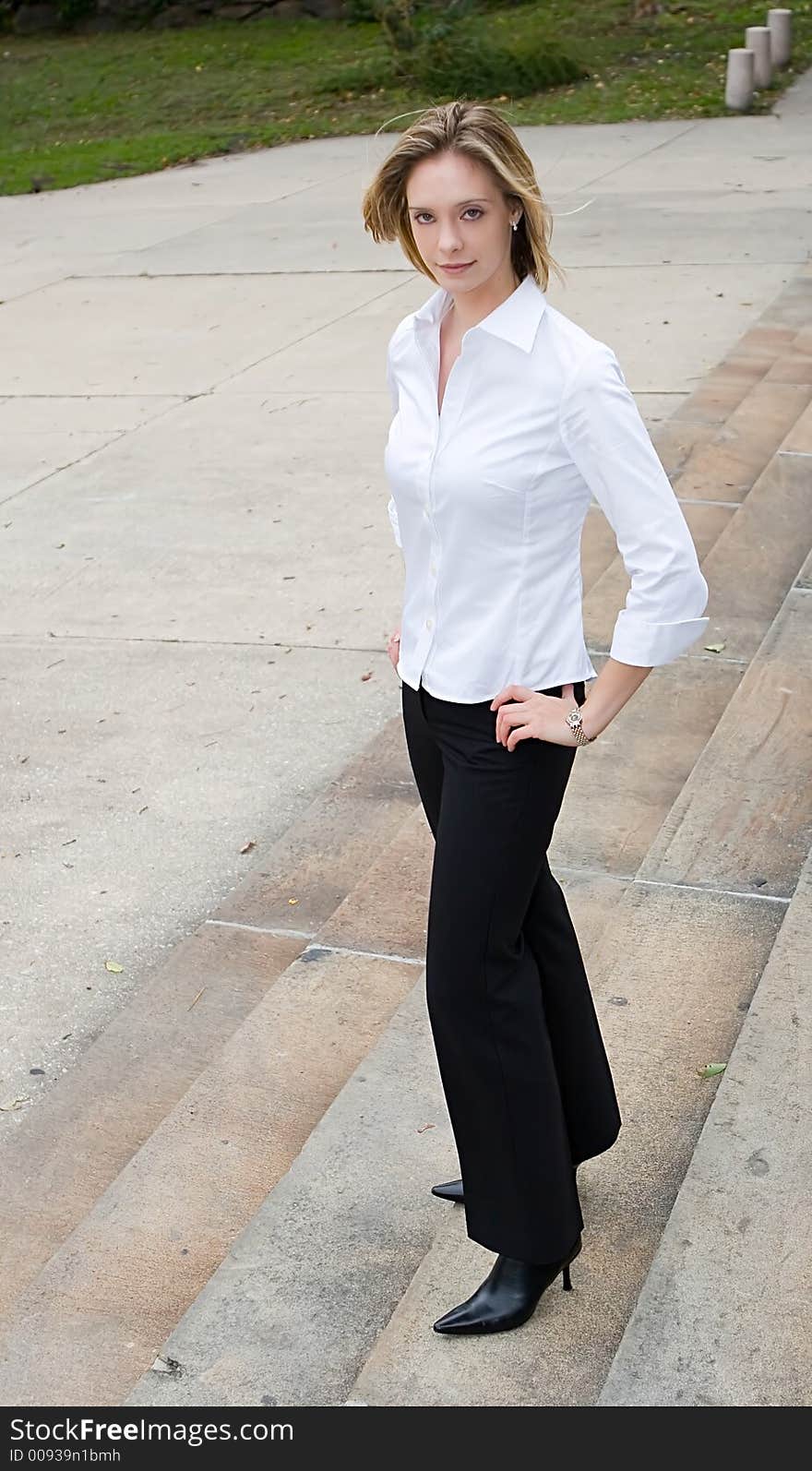 A young successful businesswomen on steps. A young successful businesswomen on steps.