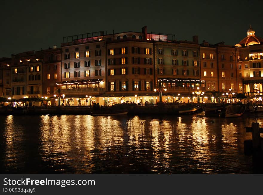 A city near lake at night. It was taken at Tokyo Disneysea, Japan. A city near lake at night. It was taken at Tokyo Disneysea, Japan.