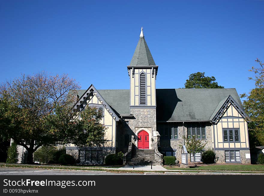 A nice urban Presbyterian church against blue sky