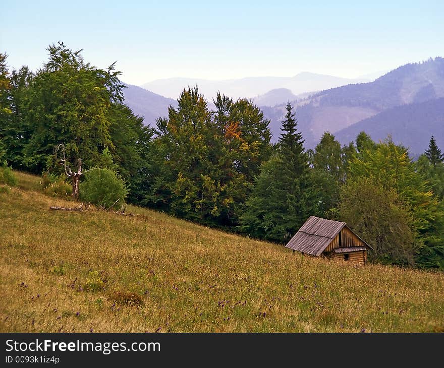 Wooden house and bizarre dead tree on hillside in mountains. Wooden house and bizarre dead tree on hillside in mountains