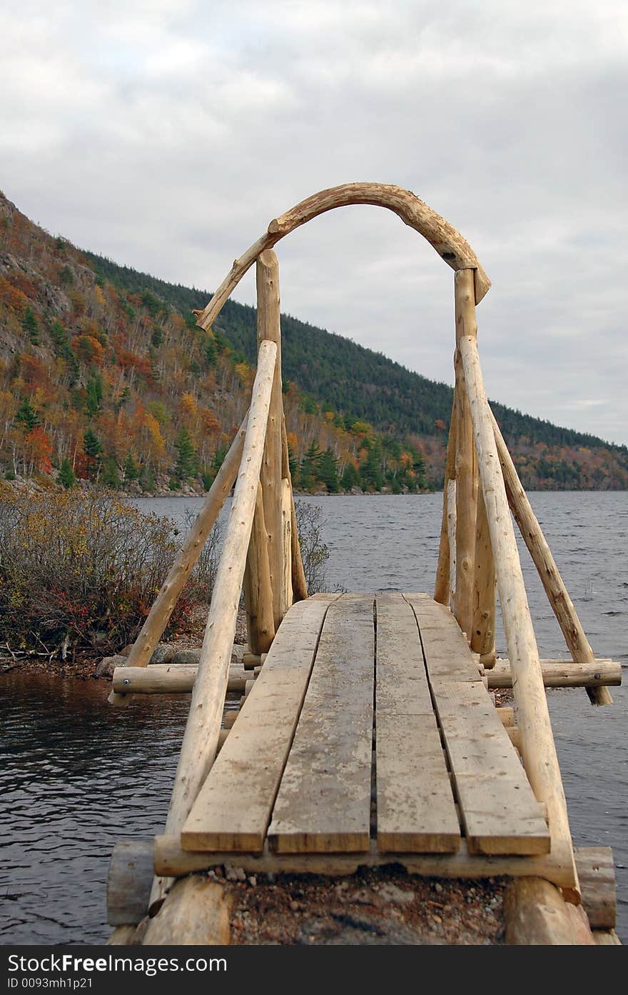 Wooden Bridge at Jordan Pond in Acadia National Park, Maine in Autumn.