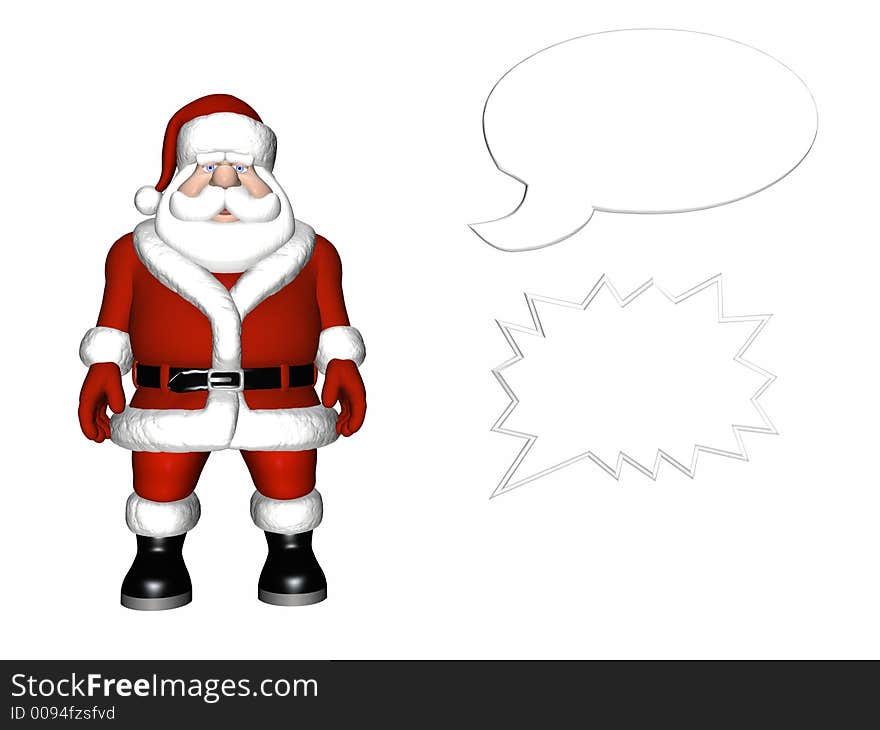 Santa isolated on a white background with a couple of 3D talk bubbles. Santa isolated on a white background with a couple of 3D talk bubbles.