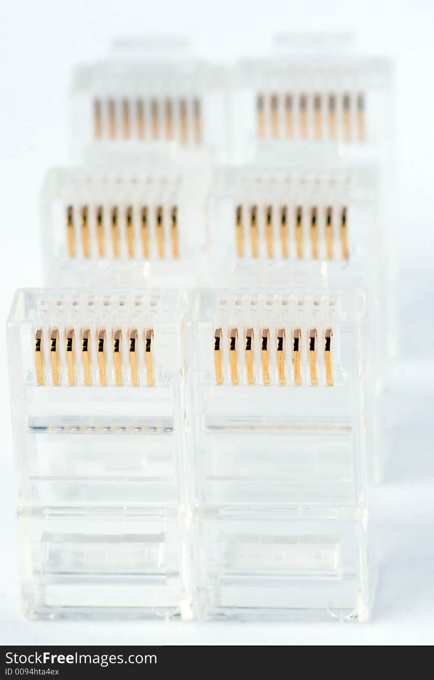 Six network connectors on a white background