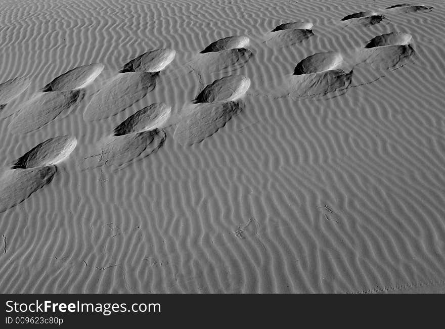 Black and white image of footsteps in the sand dunes