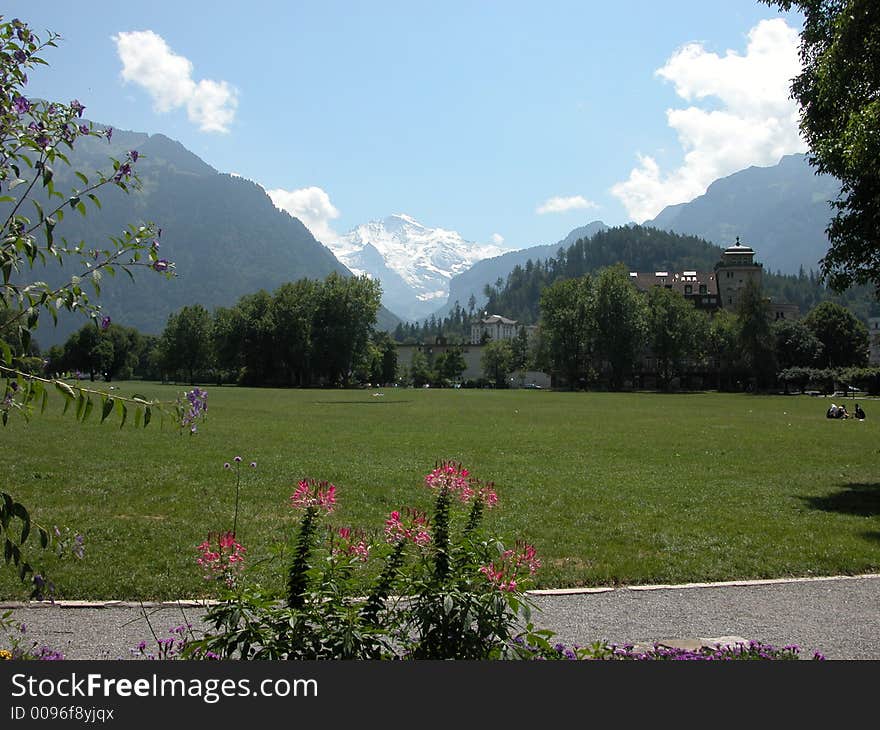 A view of the Jungfrau taken from the downtown area of Interlaken, Switzerland. A view of the Jungfrau taken from the downtown area of Interlaken, Switzerland