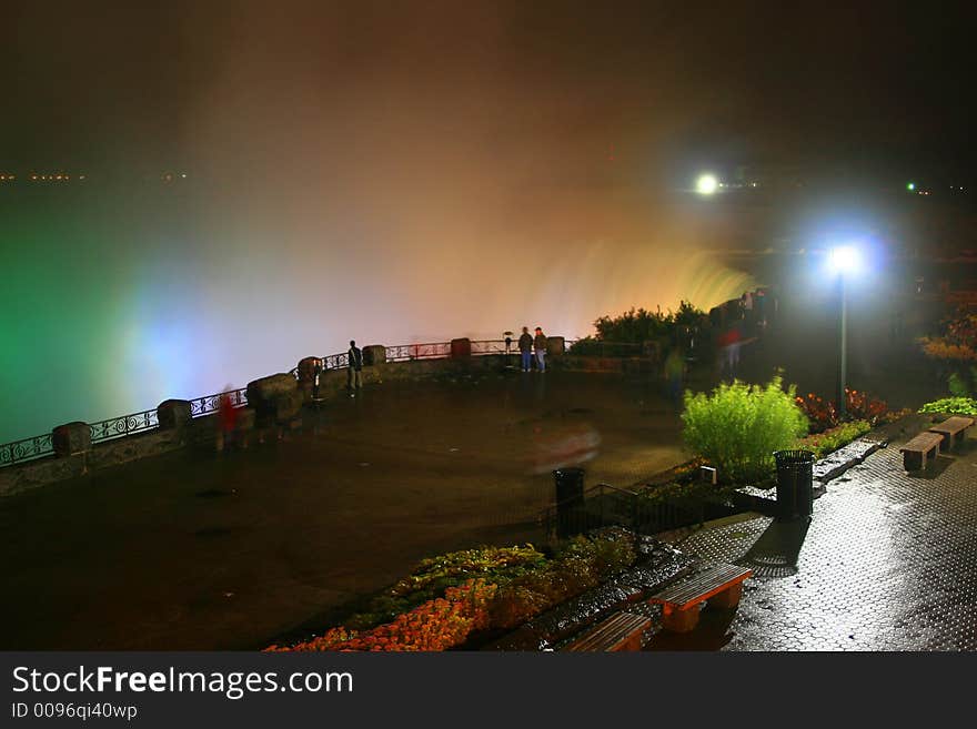 A quiet misty night-time view of Niagara s Horseshoe Falls.