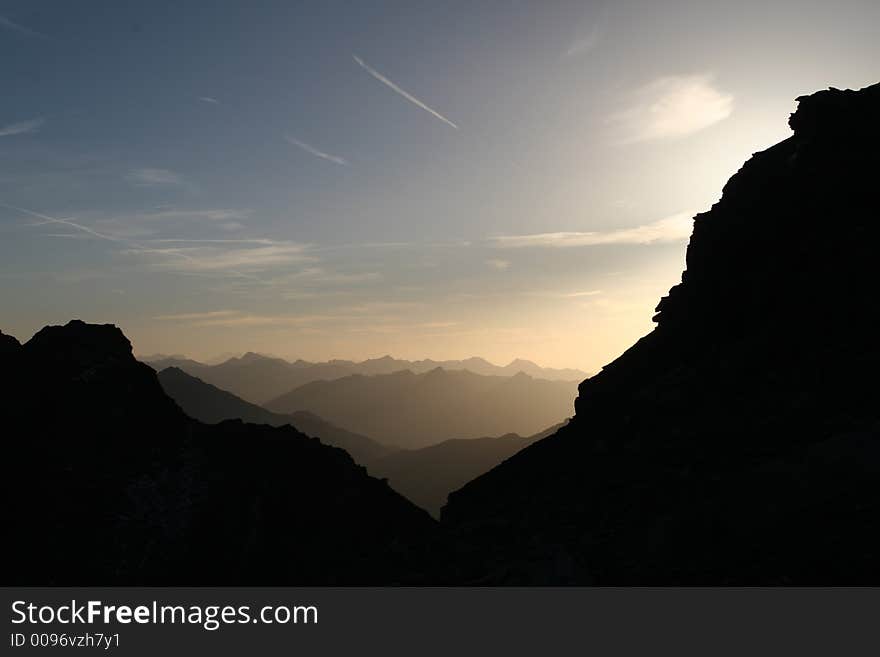 Mountain sunrise background. Layers of shades