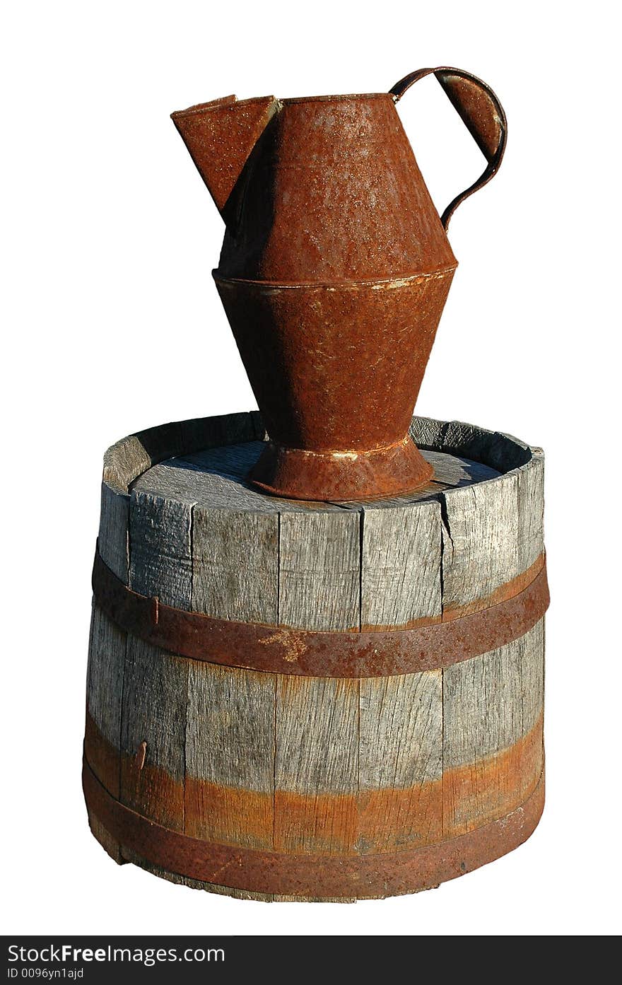 Rusty pitcher and barrel over white background (With Clipping Path)