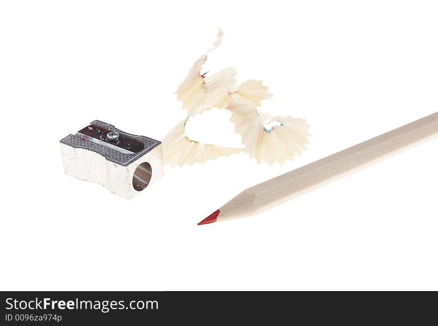 Isolated pencil sharpener with pencil and garbage