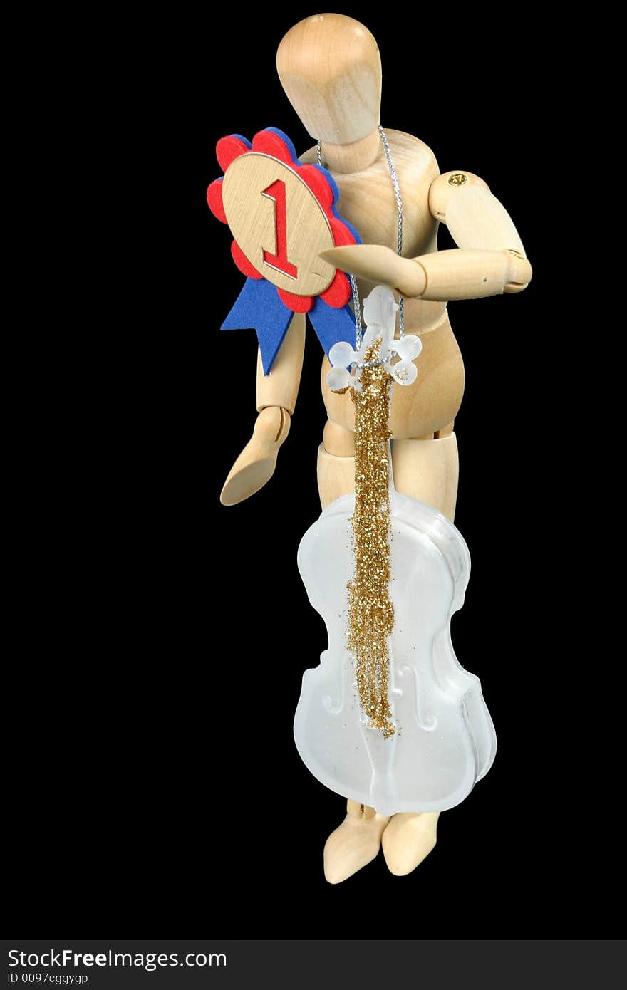 Wooden mannequin holding guitar and wearing winning ribbon. Wooden mannequin holding guitar and wearing winning ribbon