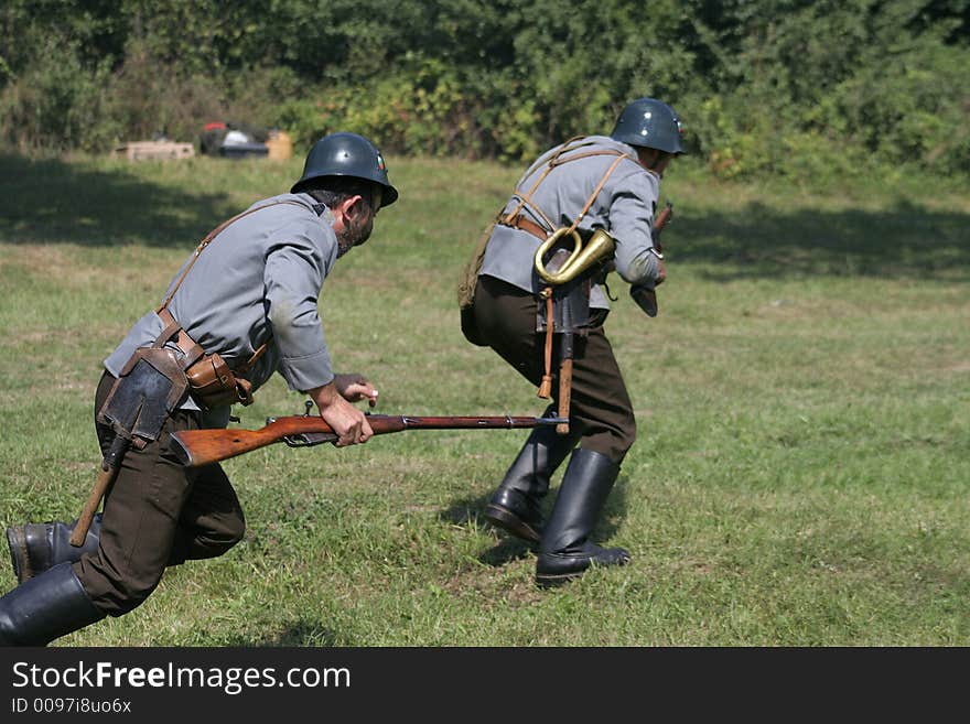 Soldiers in attack position in battle demonstrative show from first world war. Soldiers in attack position in battle demonstrative show from first world war