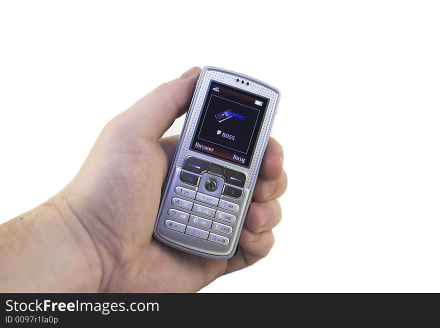 Photo of isolated hand with cell phone while boss is calling