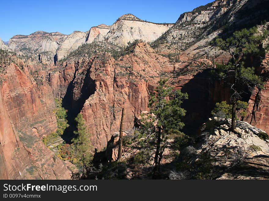 View looking down into zion narrows from on top of angels landing. View looking down into zion narrows from on top of angels landing