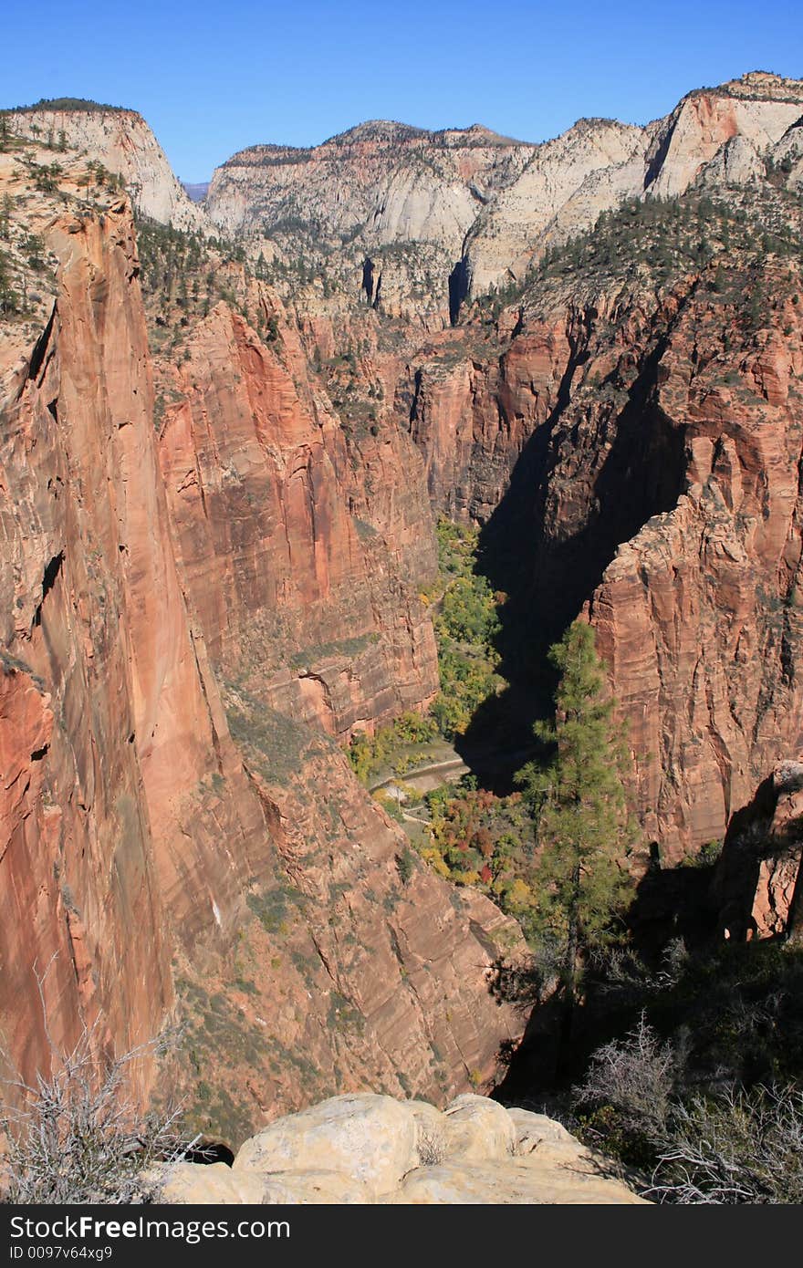 View looking down into zion narrows from on top of angels landing. View looking down into zion narrows from on top of angels landing