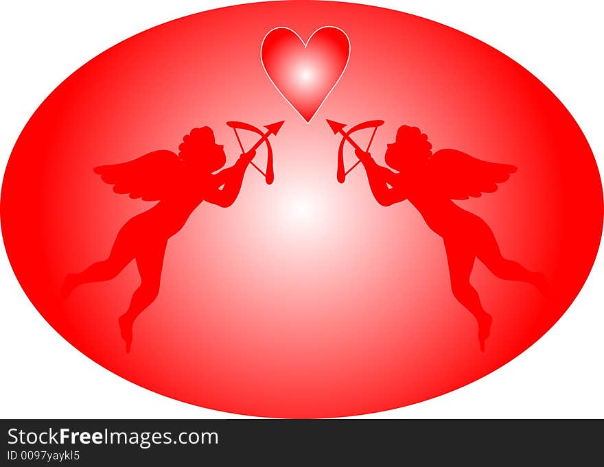 Two cupids taking aim at a red heart. Illustration. Two cupids taking aim at a red heart. Illustration.