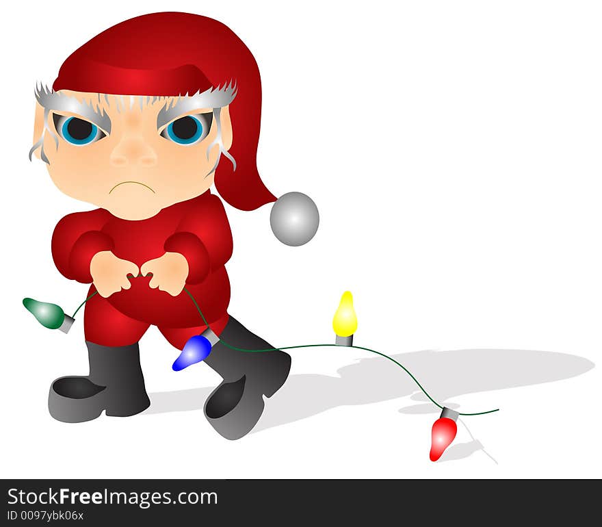 Un-happy Elf with a string of lights isolated over a white background.Illustration