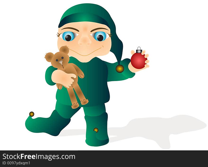 Elf graphic hugging a teddy bear holding out a christmas ornament,isolated over a white background. Elf graphic hugging a teddy bear holding out a christmas ornament,isolated over a white background.