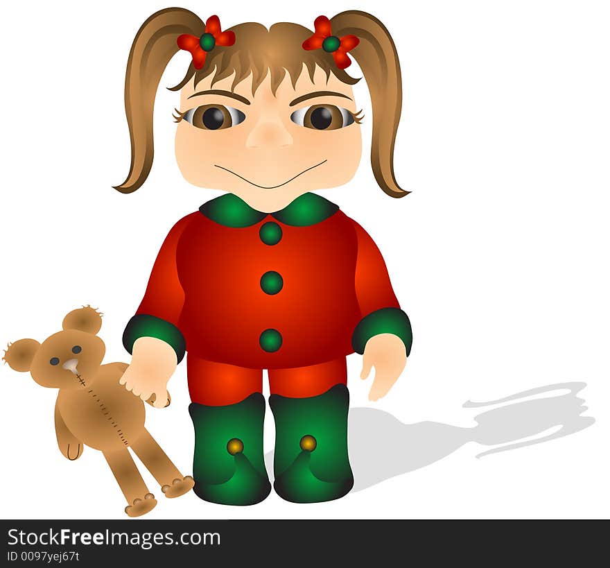 Little girl dressed in christmas outfit holding a teddy bear.Illustration. Little girl dressed in christmas outfit holding a teddy bear.Illustration.