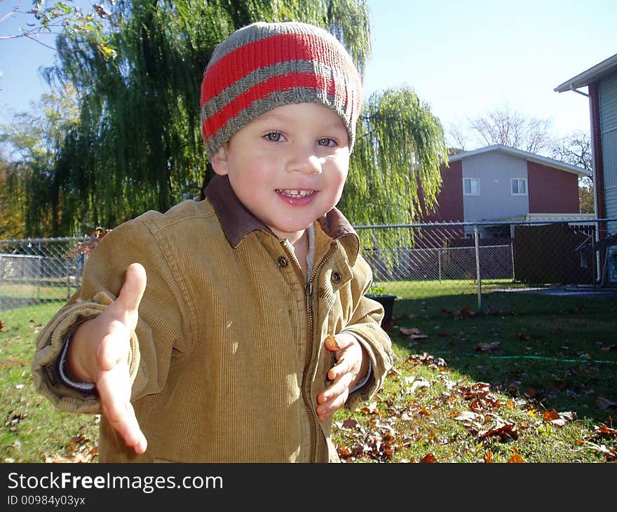 Young boy playing in the freshly fallen leaves on a cool fall afternoon. Young boy playing in the freshly fallen leaves on a cool fall afternoon.