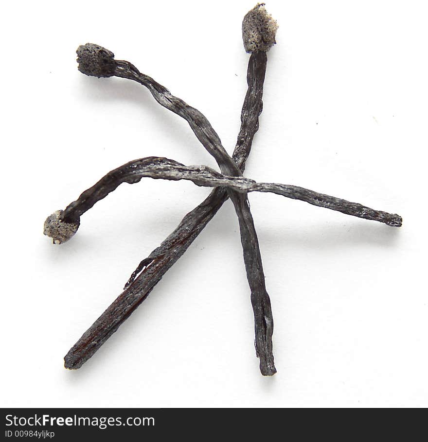 Three completely burnt matches on white background. Three completely burnt matches on white background