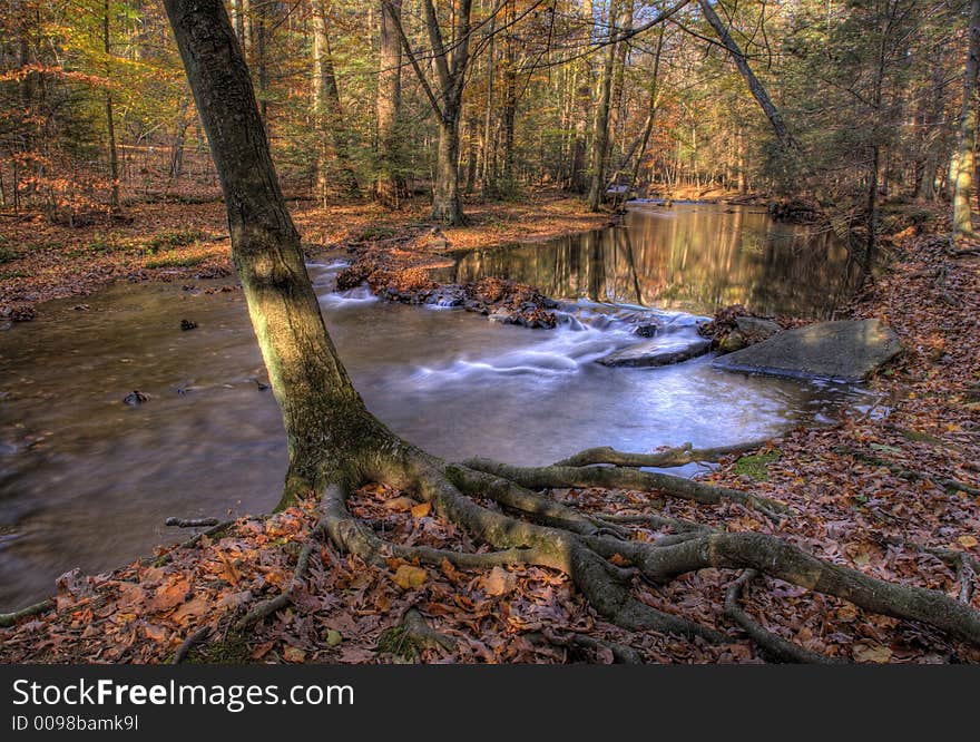 Time exposure of a woodland stream with fall colors. Time exposure of a woodland stream with fall colors