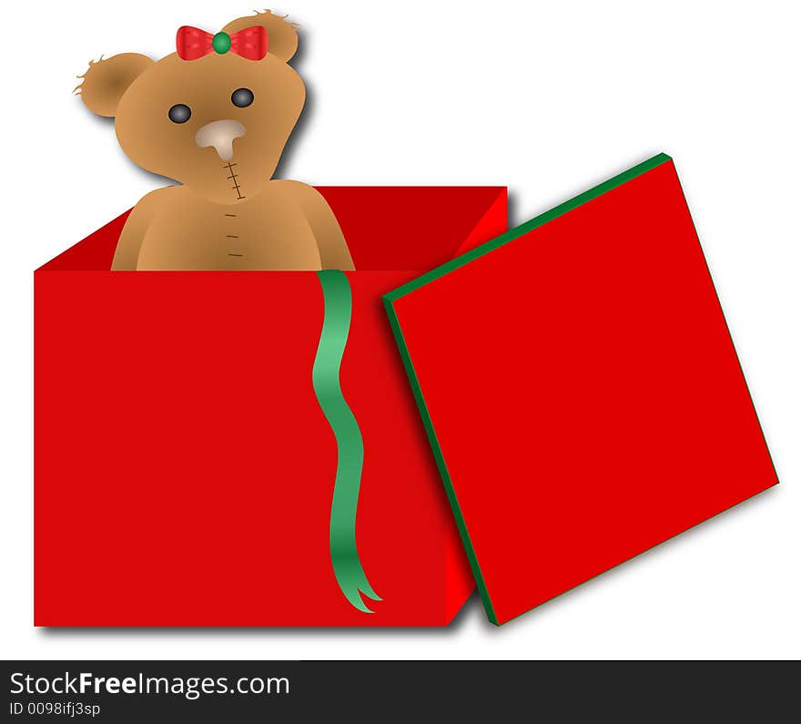 Teddy bear in a big red box with a drop shadow over white. Teddy bear in a big red box with a drop shadow over white.