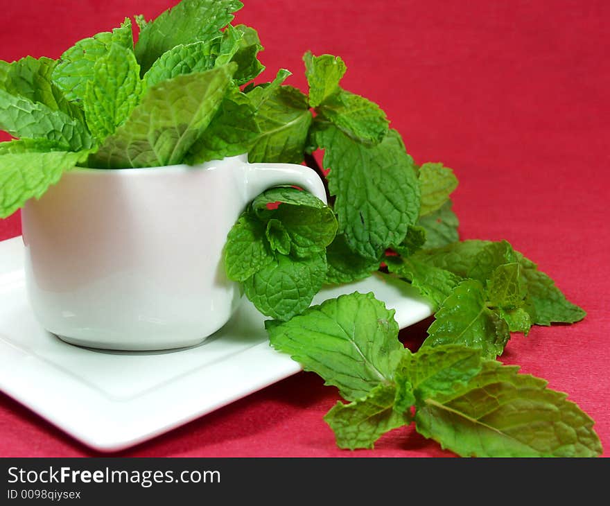 A cup of green leaves of mint on a red background