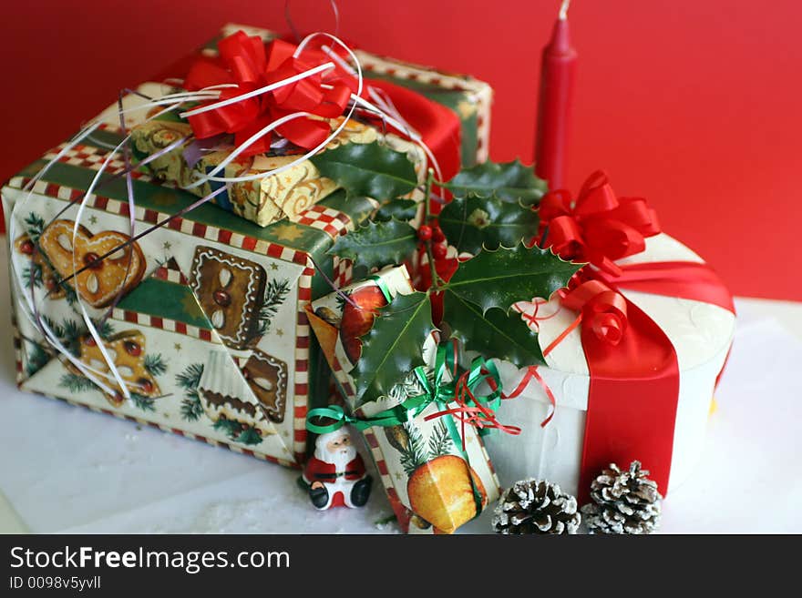 A shot of christmas things on the red background. A shot of christmas things on the red background