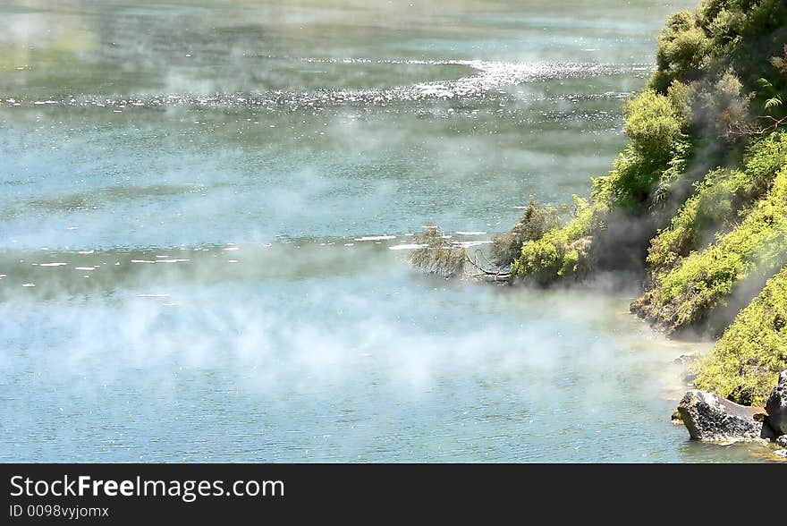 Lake is boiling at some places near the shore. Lake is boiling at some places near the shore