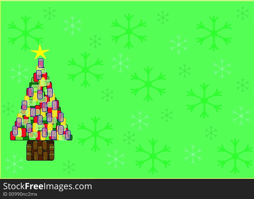 A simple christmas tree made of stained glass against a green background of snowflakes. A simple christmas tree made of stained glass against a green background of snowflakes.