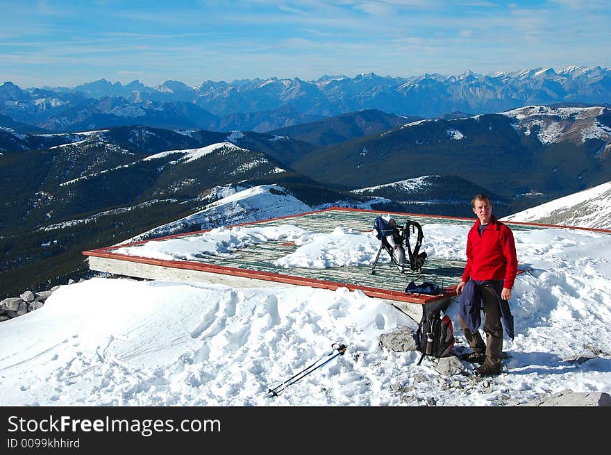 After a long hike, father and baby reached the top of Moose mountain (alberta,canada). After a long hike, father and baby reached the top of Moose mountain (alberta,canada).