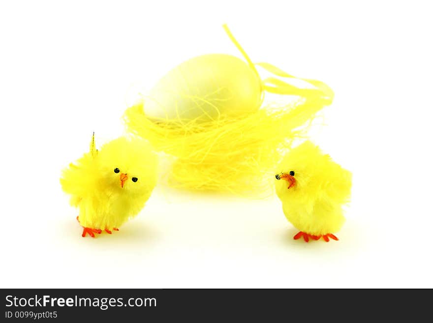 Chickens guarding an egg isolated. Chickens guarding an egg isolated